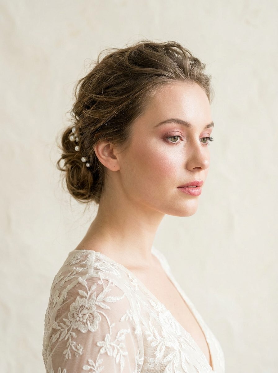 Soft glam bridal makeup with romantic updo