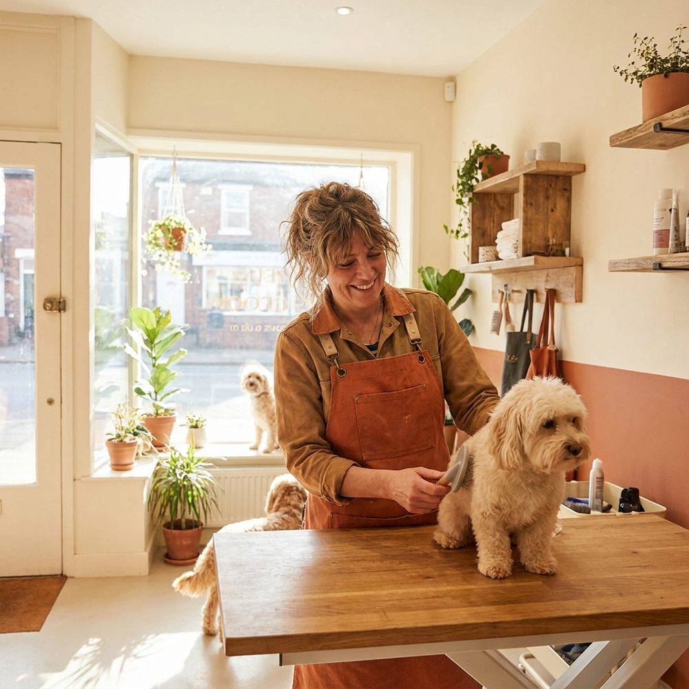 Groomer gently brushing a small dog in the salon