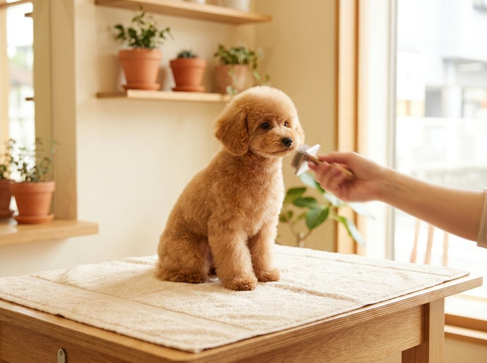 Apricot poodle puppy after its first gentle groom