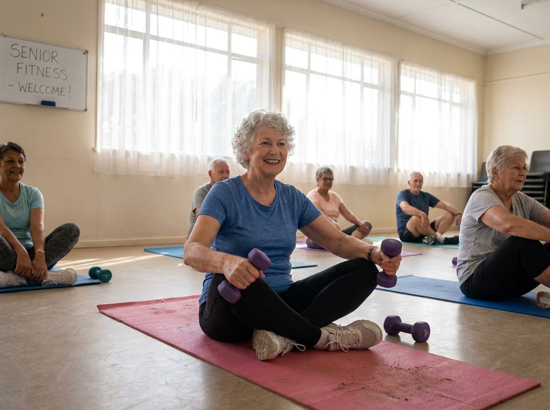 Smiling woman in her 60s sitting on a yoga mat