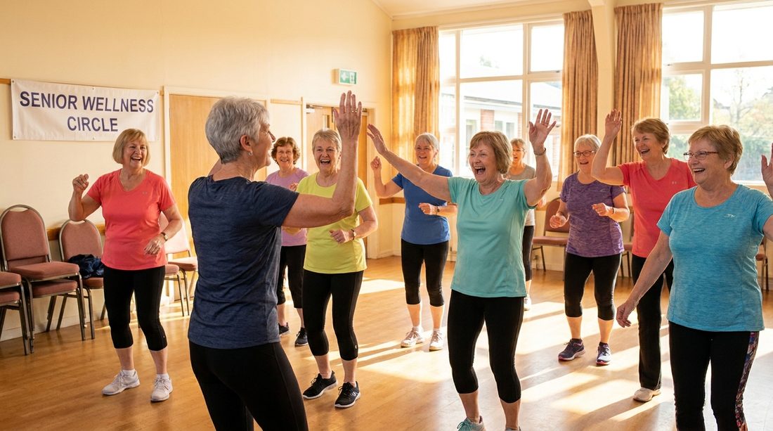 Joyful group dance exercise class for over-50s