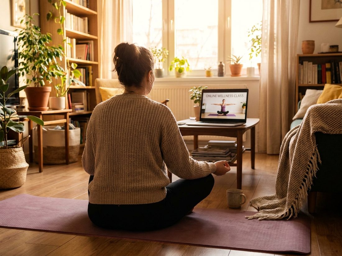 Person following an online class at home on a laptop